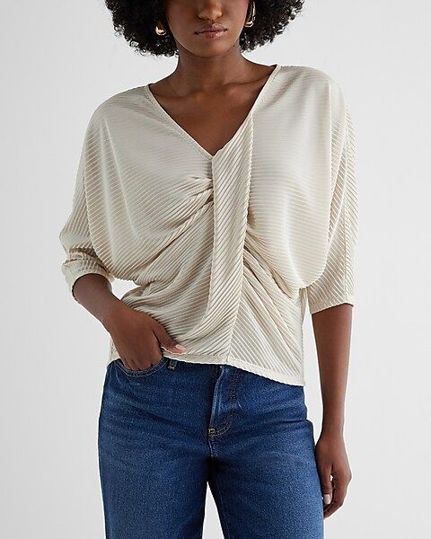 Skimming V-Neck Pleated Twist Front Draped Tee | Express