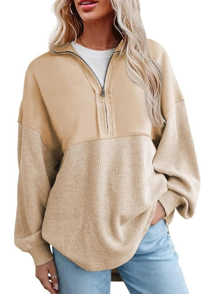 SHEWIN Womens Sweatshirt Casual Waffle Knit Half Zip Pullover Loose Long Sleeve Tops Fall Outfit ... | Amazon (US)