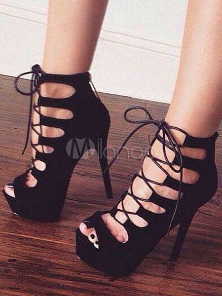 Black Gladiator Sandals High Heel Sandals Peep Toe Platform Lace Up Sandal Shoes For Women | Milanoo