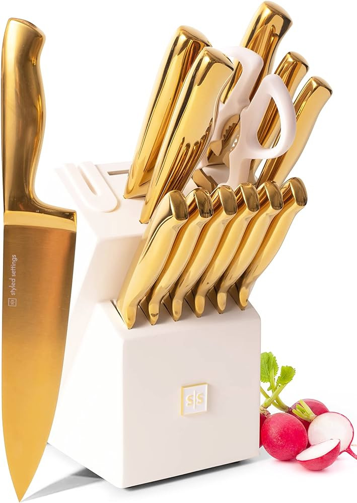 White and Gold Knife Set with Sharpener -14PC Self Sharpening Knife Block Set Includes Luxurious ... | Amazon (US)