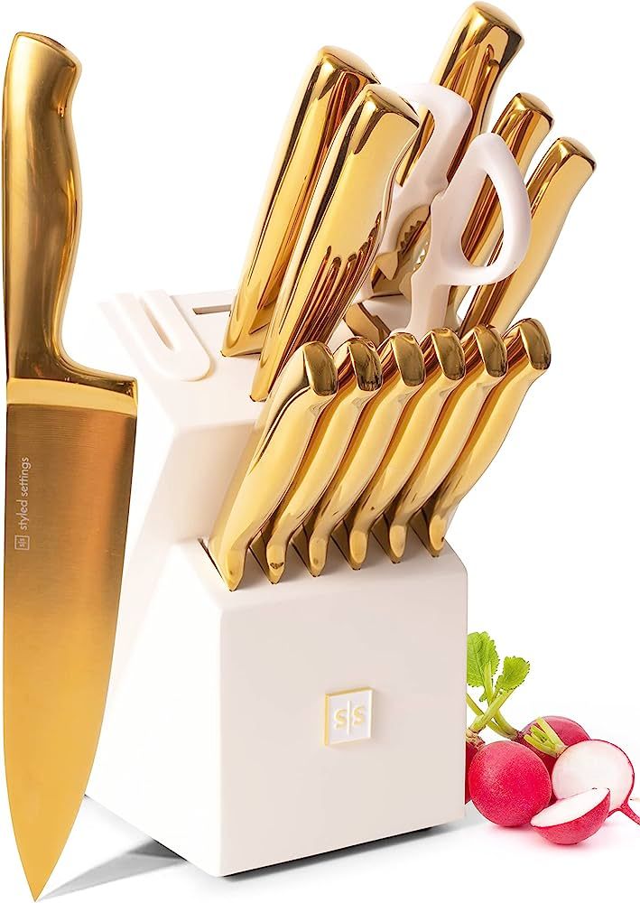White and Gold Knife Set with Sharpener -14PC Self Sharpening Knife Block Set Includes Luxurious ... | Amazon (US)