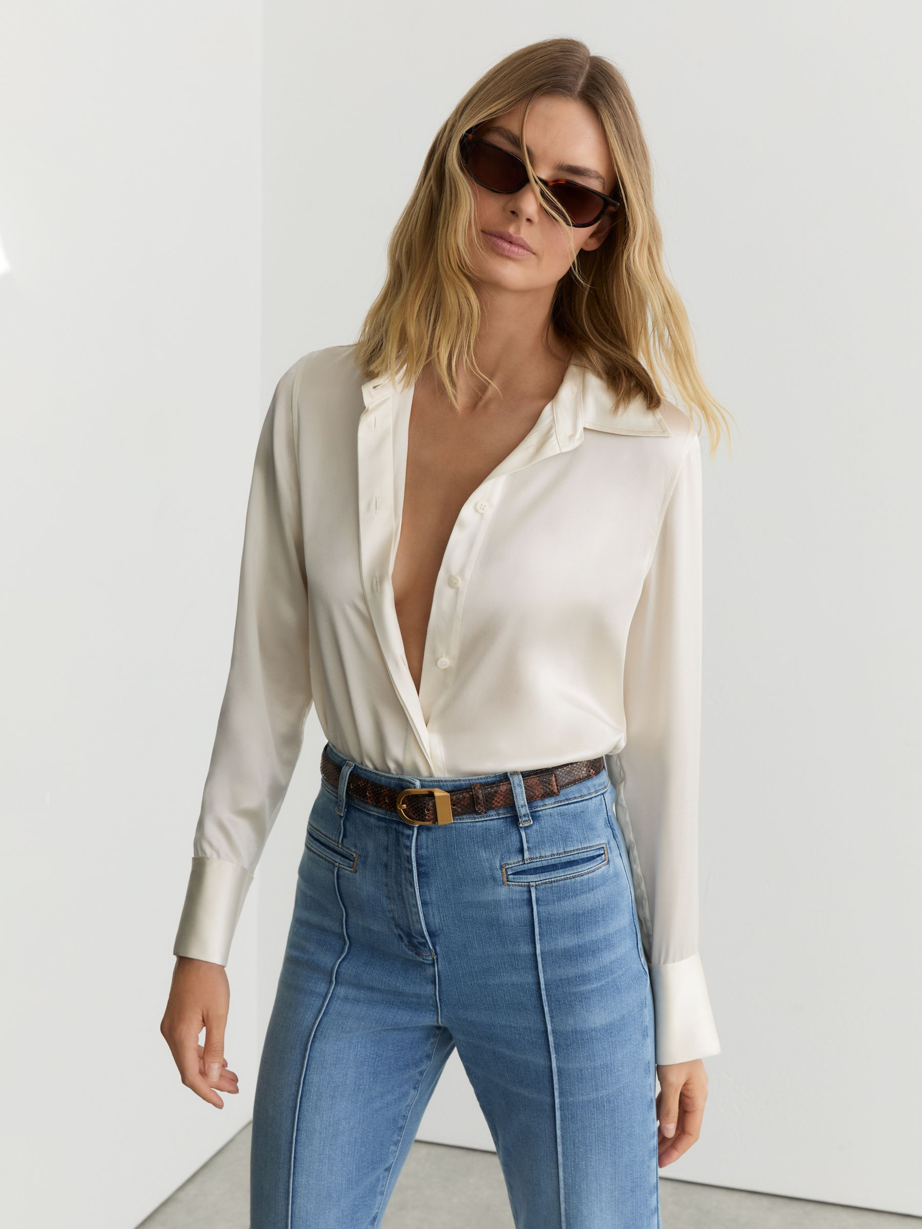Reiss Silk-Satin Concealed-Placket Shirt in Ivory | REISS | Reiss US