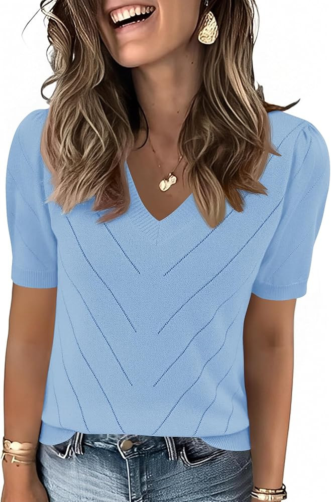 LOMON Womens Sweaters Puff Short Sleeve Lightweight Knit Summer Fall Tops Dressy V-Neck Work Blou... | Amazon (US)