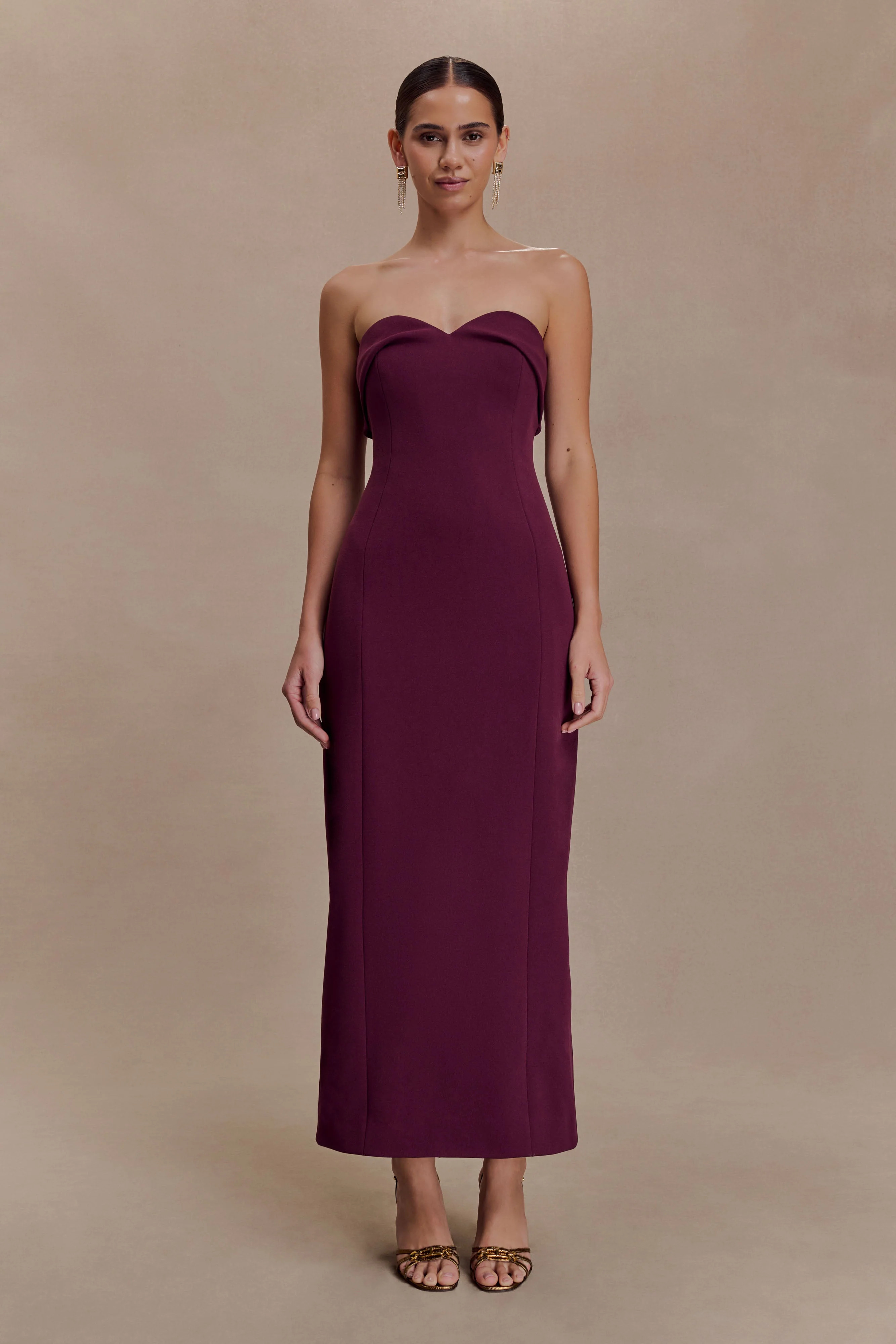 Folded Strapless Crepe Midi Dress - Wine | MESHKI US