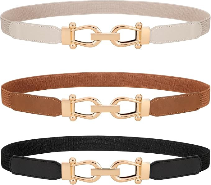 WERFORU 3 Pack Women Skinny Elastic Waist Belt Gold Buckle Stretchy Thin Belt for Jeans Dress | Amazon (US)