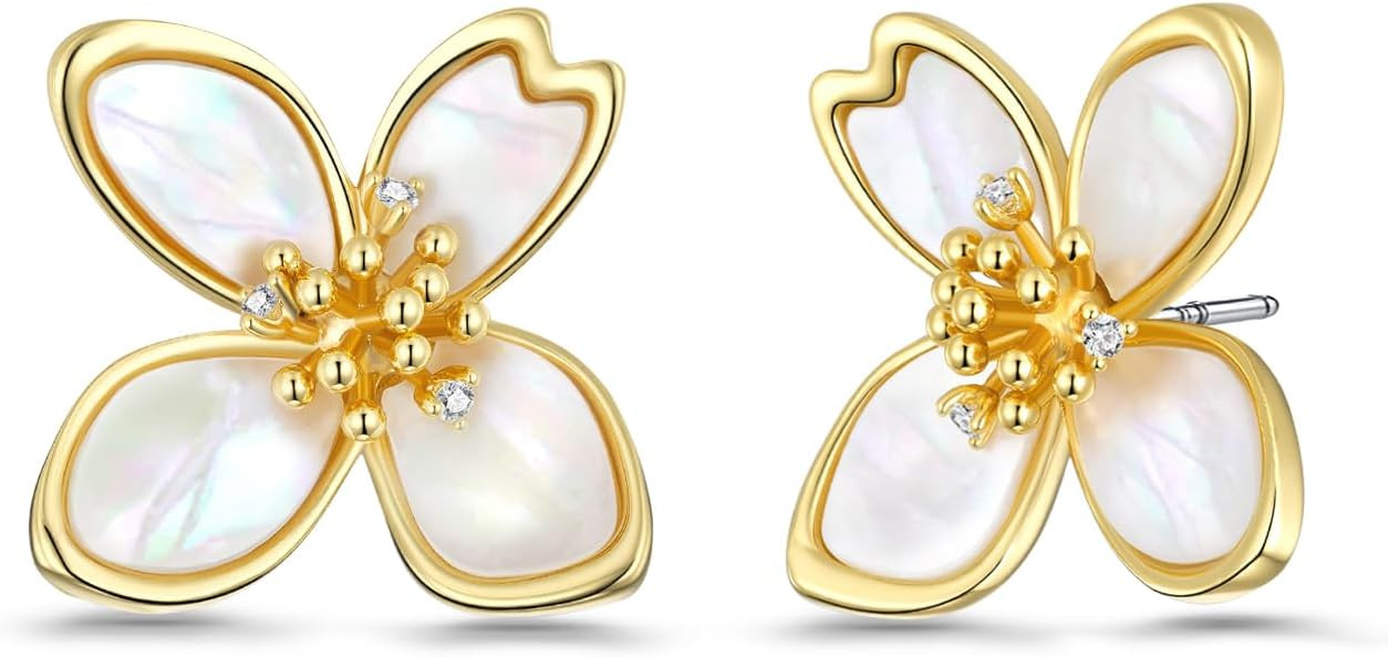 18K Gold Plated Mother of Pearl Flower Stud Statement Earrings for Women by SNGIA, Dainty Bold Re... | Amazon (US)