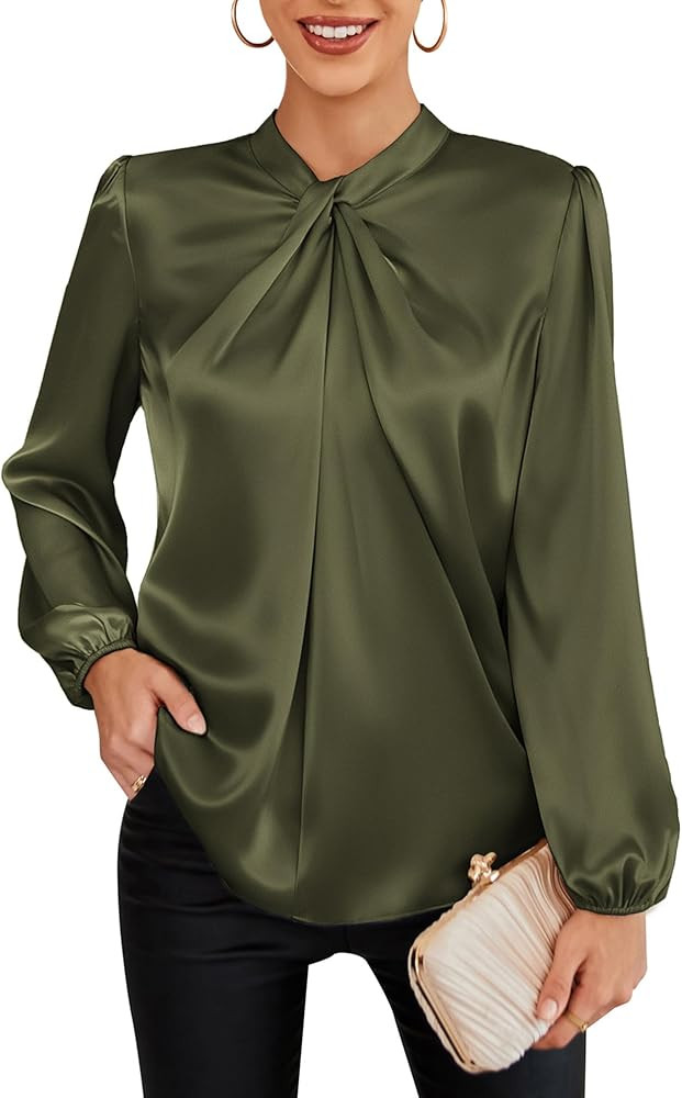 GRACE KARIN Women's Long Sleeve Satin Blouse,Mock Neck Work Silk Shirts,Dressy Tops for Business ... | Amazon (US)