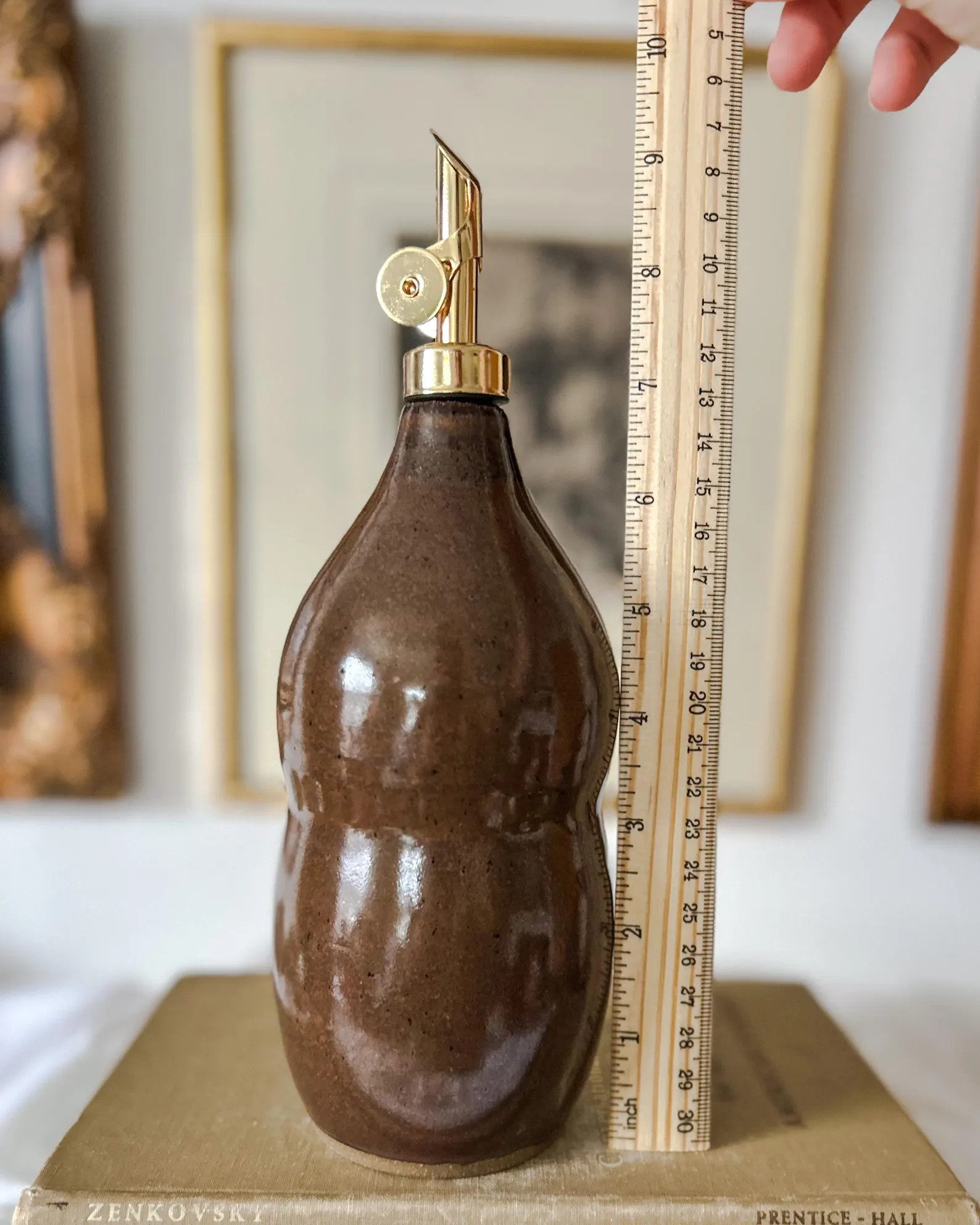 PRE-ORDER - Handmade Ceramic Cruet – Brown Olive Glaze, Gold Spout Oil Dispenser | Etsy (US)