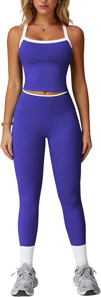 Womens Workout Sets Two Piece Cross Back Tank Top Matching High Waist Leggings Sets Gym Outfits W... | Amazon (US)