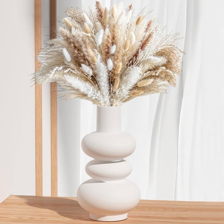 White Ceramic Boho Vase, Flower Vase for Pampas Grass, Nordic Minimalist Style, Modern Vase for D... | Amazon (US)
