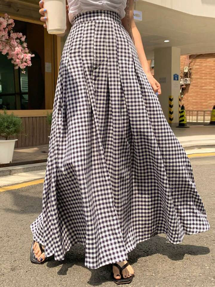 DAZY Gingham Print Fold Pleated Detail Flare Skirt | SHEIN