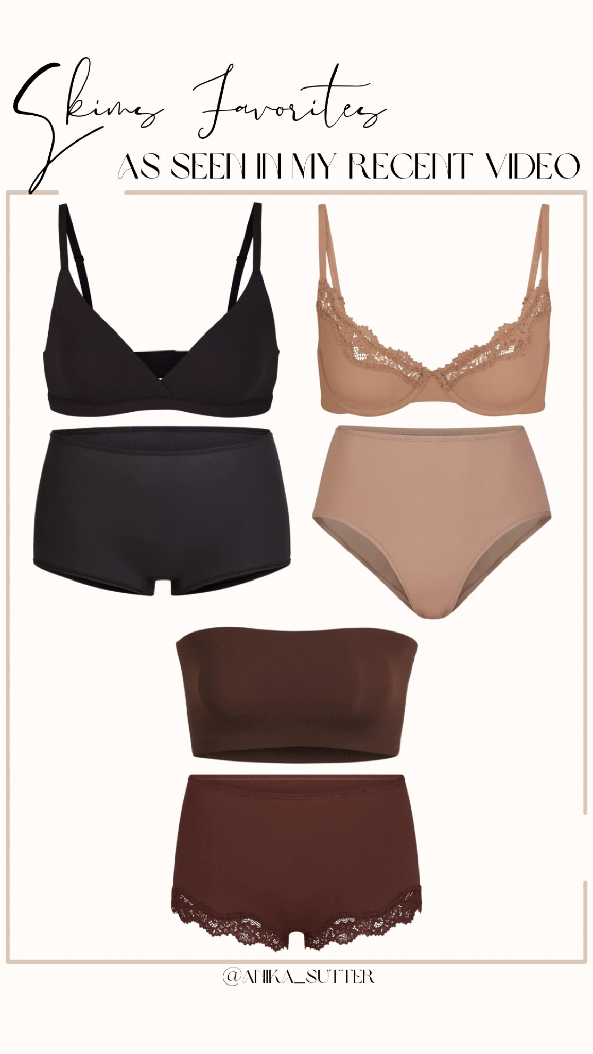 the underwear i feature in all of my reels!

from my: let’s talk about panties and bras 🍒 video

this is a video #forthegirls 🫶🏽 i’m a 36DD and a size 10, and i’m learning to love my body a little bit more everyday. i have never felt so confident in underwear, so i wanted to make this video to share some pieces i love that i think you’d love too 🩷 

wearing:
+ fits everybody crossover bralette (XL)
+ fits everybody boy shorts (L)
+ fits everybody bandeau (XL)
+ fits everybody lace trim boy shorts (L)
+ fits everyday lace triangle bralette (XL)
+ fits everyday full briefs (L)

#LTKmidsize