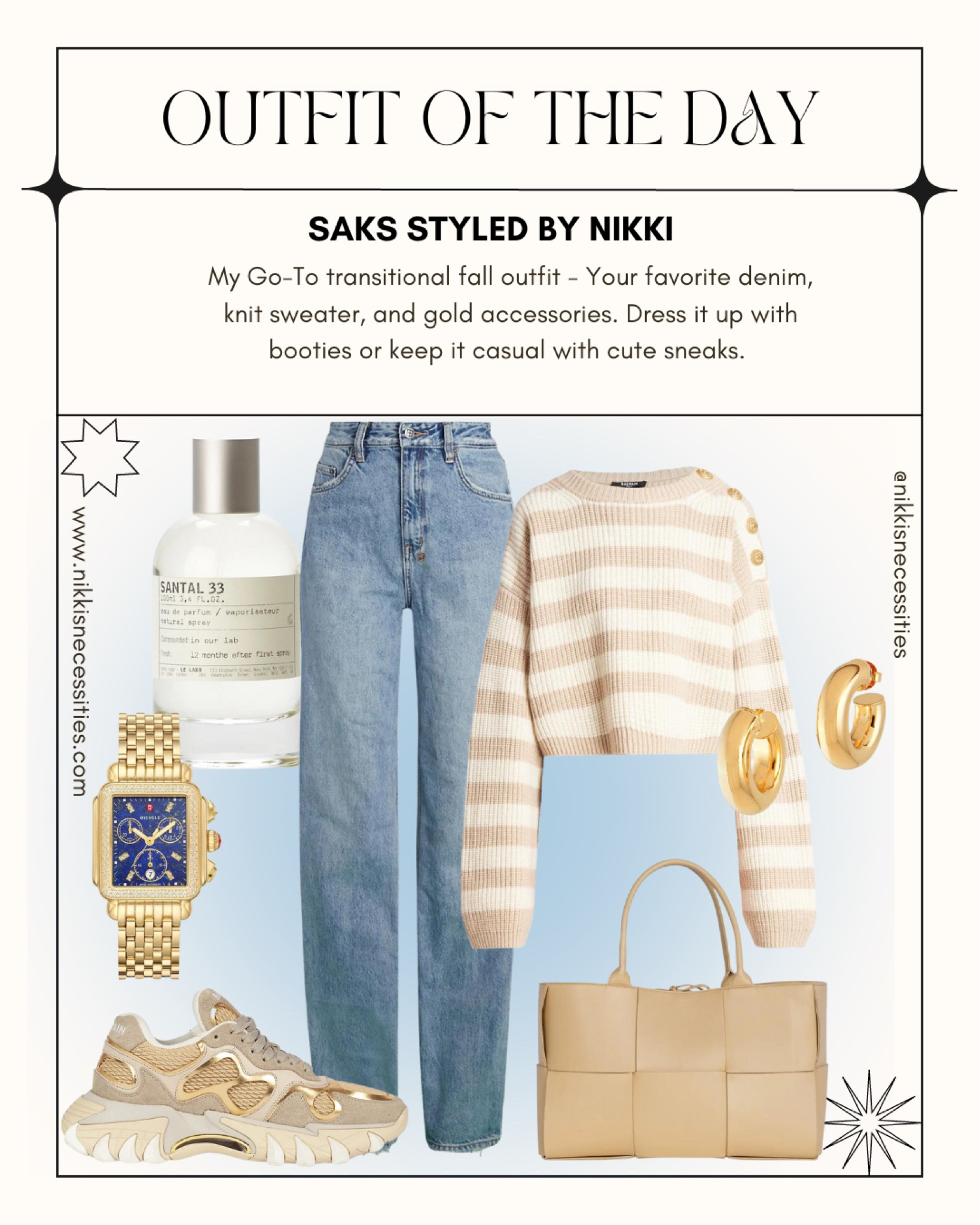 Ksubi denim 
Mom jeans 
Dad jeans 
High rise jeans 
High rise denim 
Knit sweater 
Neutral sweater 
Bottega 
Quilted bag 
Gold sneakers 
Gold hoops 
Santal perfume 
Le labo 
Gold watch 
Michelle 
Saks fifth avenue 
Saks picks 

#LTKHoliday #LTKSeasonal #LTKstyletip