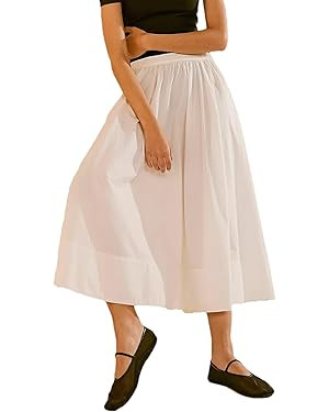 Zontroldy Women's Fashion Midi Skirt Elastic Waist Pleated Casual Cotton Long Skirts with Pockets | Amazon (US)