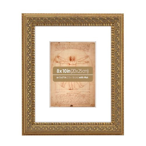 Eitida 8x10 in Antique Gold Ornate Classic Picture Frame, Matted for 5x7 Photos, Real Glass Protection, Tabletop or Wall Mounting Display | Amazon (CA)