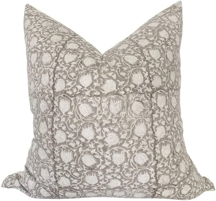 Floral Block Print Pillow Cover in Gray and Ivory | Amazon (US)