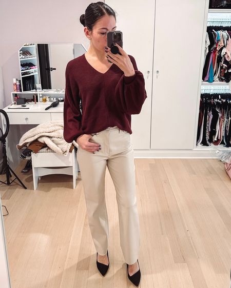 Also got these faux leather straight pants in a light tan / sand color. Love it for fall into winter. Paired with a casual sweater I love. Both on sale for early Black Friday. 

#LTKunder100 #LTKCyberweek #LTKSeasonal