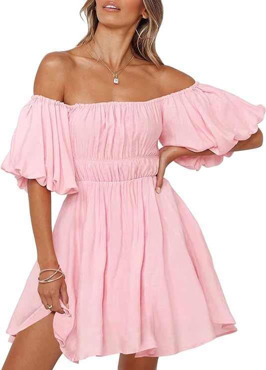 SYZRI Women's Summer Puff Sleeve Off Shoulder Mini Dress Ruffled A Line Flowy Swing Beach Dress | Amazon (US)