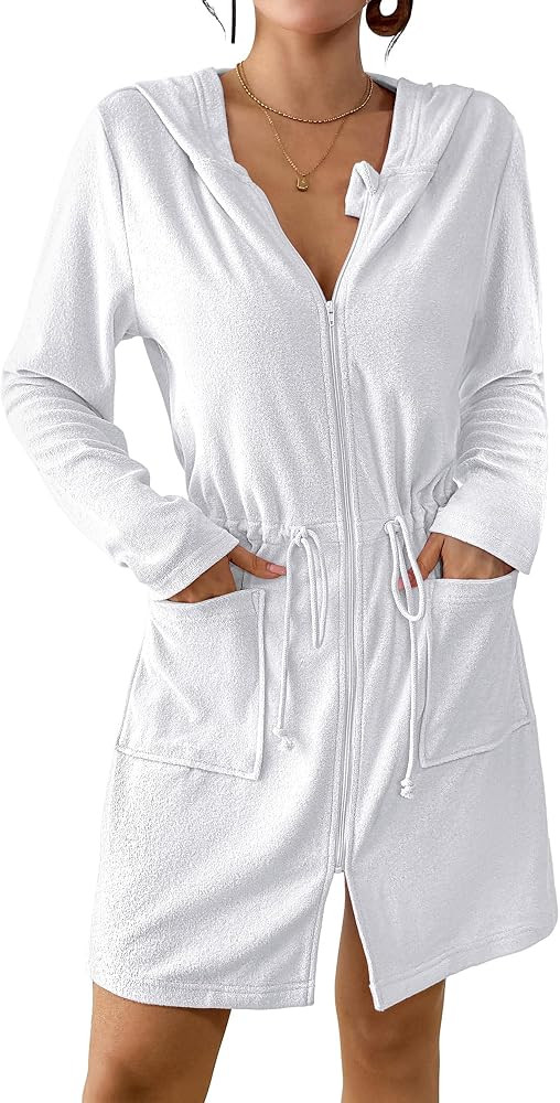 Bsubseach Terry Cloth Cover Up - Women Zip Up Long Sleeve Swimsuit Coverup Hooded Bath Robes with... | Amazon (US)