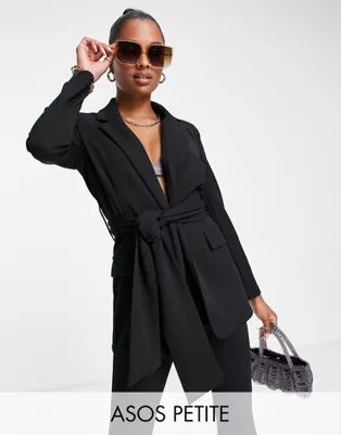 ASOS DESIGN Petite jersey suit blazer with obi tie waist in black | ASOS (Global)