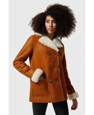 Furniq UK Women's Shearling Peacoat, Washed Tan with White Wool - Macy's | Macy's