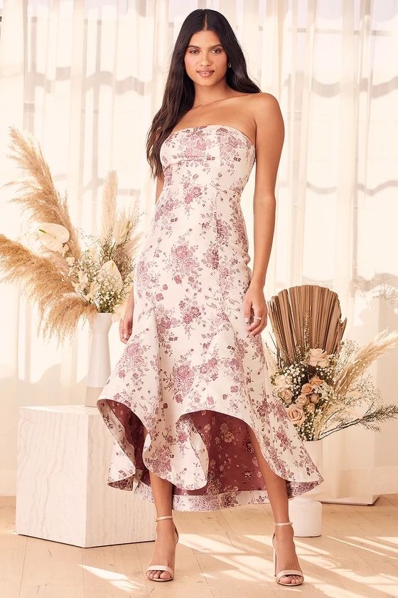 Fanfare Taupe Floral Jacquard Strapless High-Low Trumpet Dress | Lulus (US)