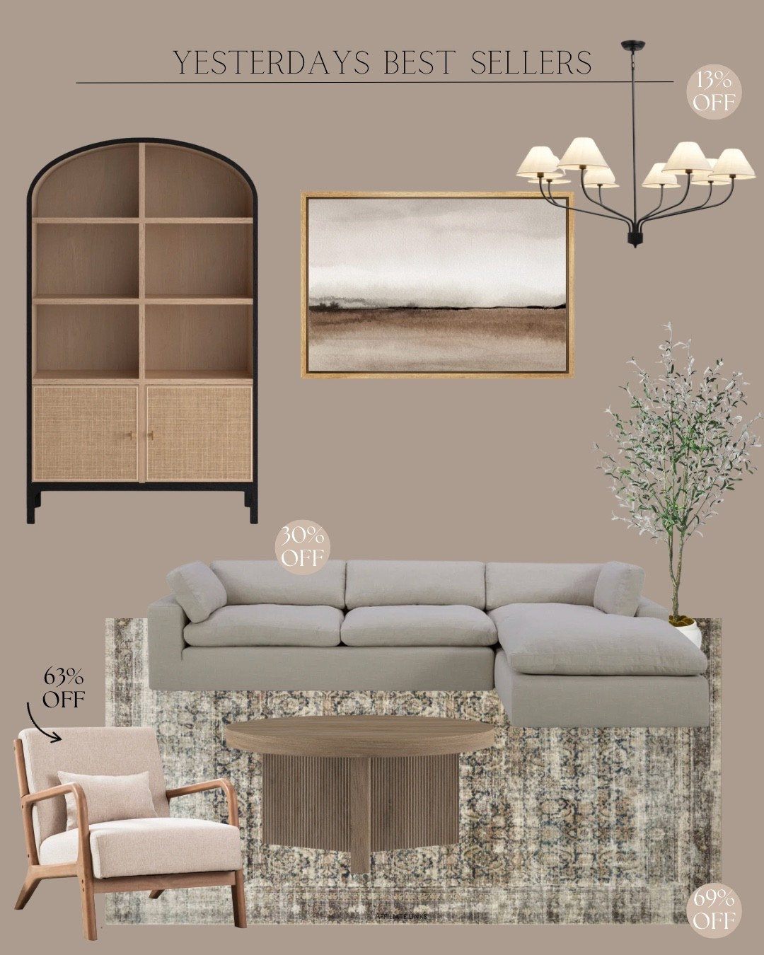 Yesterdays Best Sellers
Display cabinet / wall art / chandelier / faux olive tree / coffee table / accent chair / area rug / upholstered chaise sectional 

#LTKSaleAlert #LTKFindsUnder100 #LTKHome