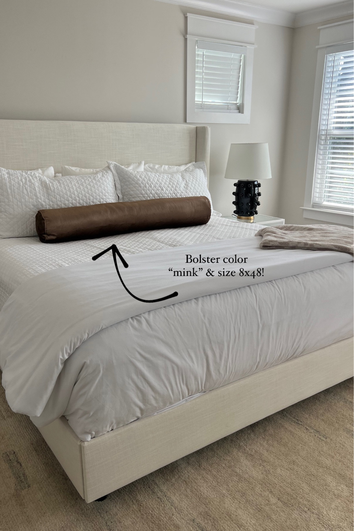 Bedroom details! Love my new velvet bolster pillow and bed is on sale at wayfair for cyber Monday! 
King bed in zuma white
Bolster in Mink 8x48” size 

#LTKCyberWeek #LTKsalealert #LTKhome