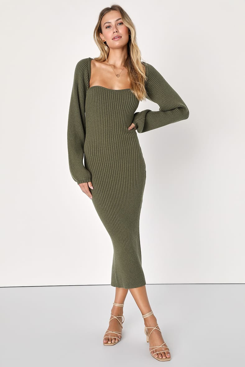 Autumn Aura Olive Green Ribbed Two-Piece Sweater Dress | Lulus