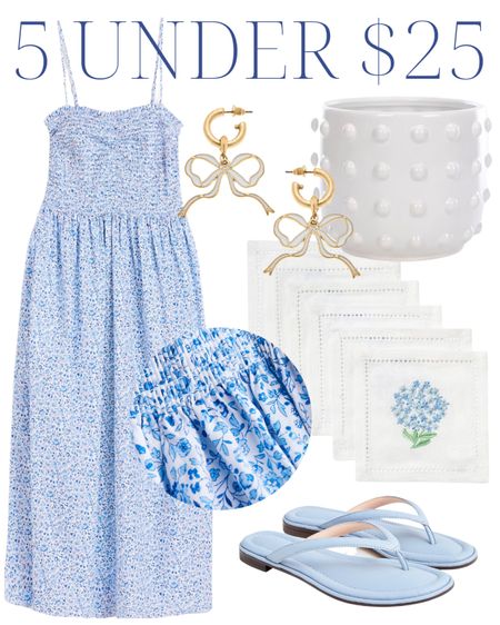 Blue and white floral dress, bow earrings, hobnail planter, hydrangea embroidered napkins, light blue sandals, summer style, summer outfit, classic style, classic home, grandmillennial style, grandmillennial home

#LTKunder50 #LTKSeasonal #LTKhome