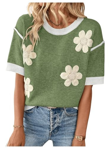 SHENHE Women's Short Sleeve Floral Sweater Crew Neck Flower Sweater Loose Cute Pullover Tops Green Small | Amazon (US)