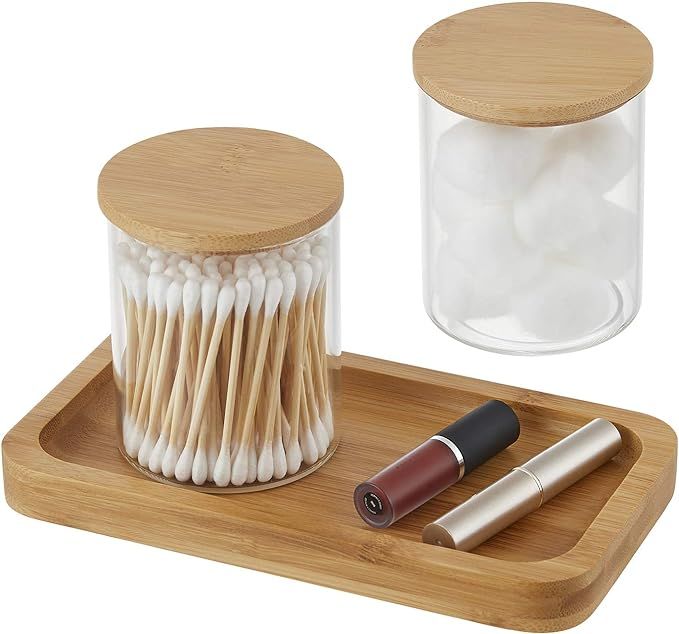 YININE Bamboo Vanity Tray, Bathroom Tray Organizer Glass Qtip Holder Dispenser Apothecary Jars fo... | Amazon (US)