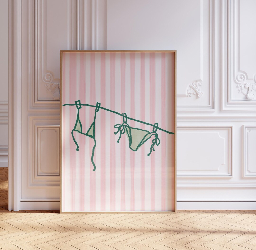 Striped Bikini East Coast Endless Summer Print | Coastal Wall Art | Pink and Green Preppy Decor |... | Etsy (US)