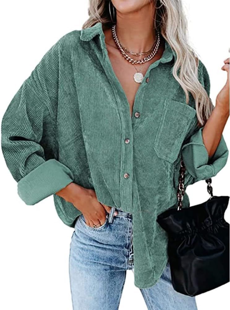 Locryz Womens Corduroy Button Down Shirts Long Sleeve Casual Shirt Jacket Shackets Boyfriend Oversiz | Amazon (US)