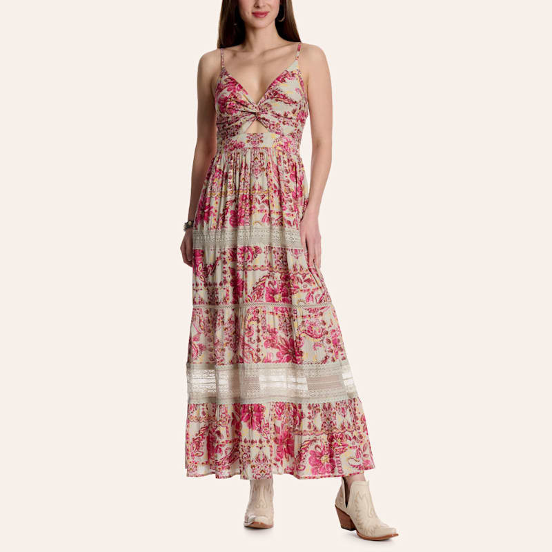 Angie Women's Cream & Pink Floral Print Twist Front Tiered Maxi Dress | Cavender's