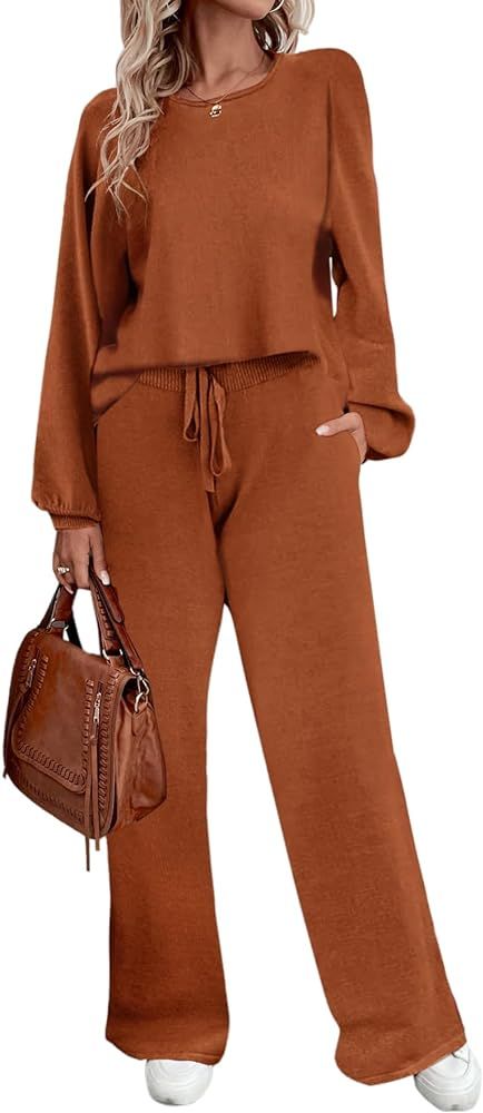 Ekouaer Knit Lounge Sets for Women 2 Piece Cozy Long Sleeve Pullover Sweater Top and Wide Leg Pan... | Amazon (US)