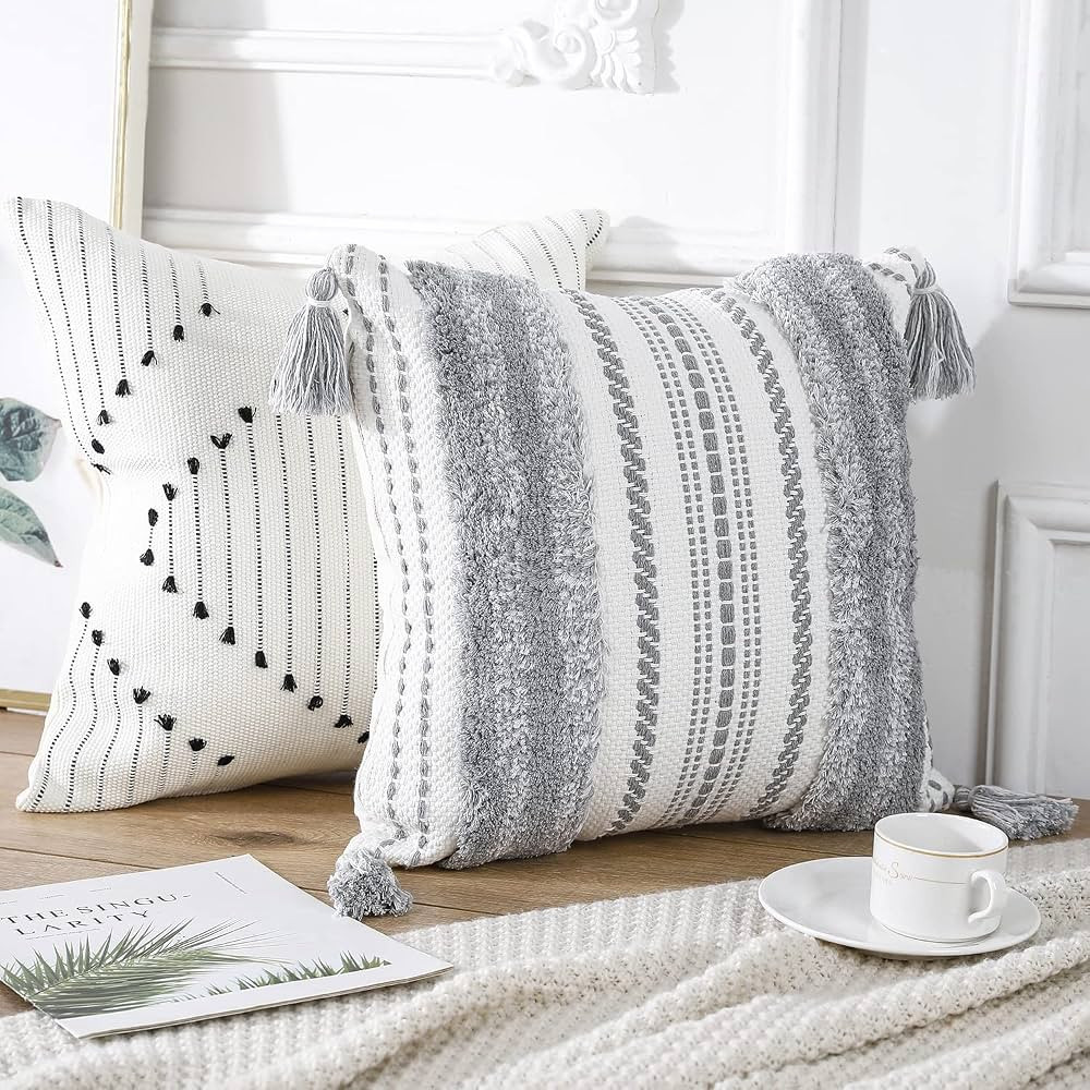 PANOD Decorative Boho Grey and Black Throw Pillow Covers 18x18 Set of 2, Modern Accent Cute Pillo... | Amazon (US)