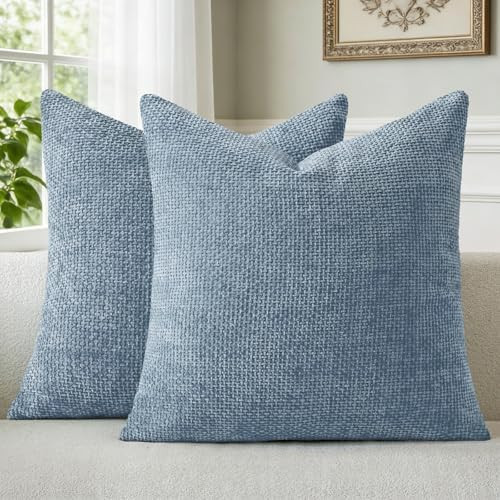 a moment Blue Chenille Throw Pillow Covers 18x18 Inch Pack of 2 Modern Decorative Throw Pillow Co... | Amazon (US)