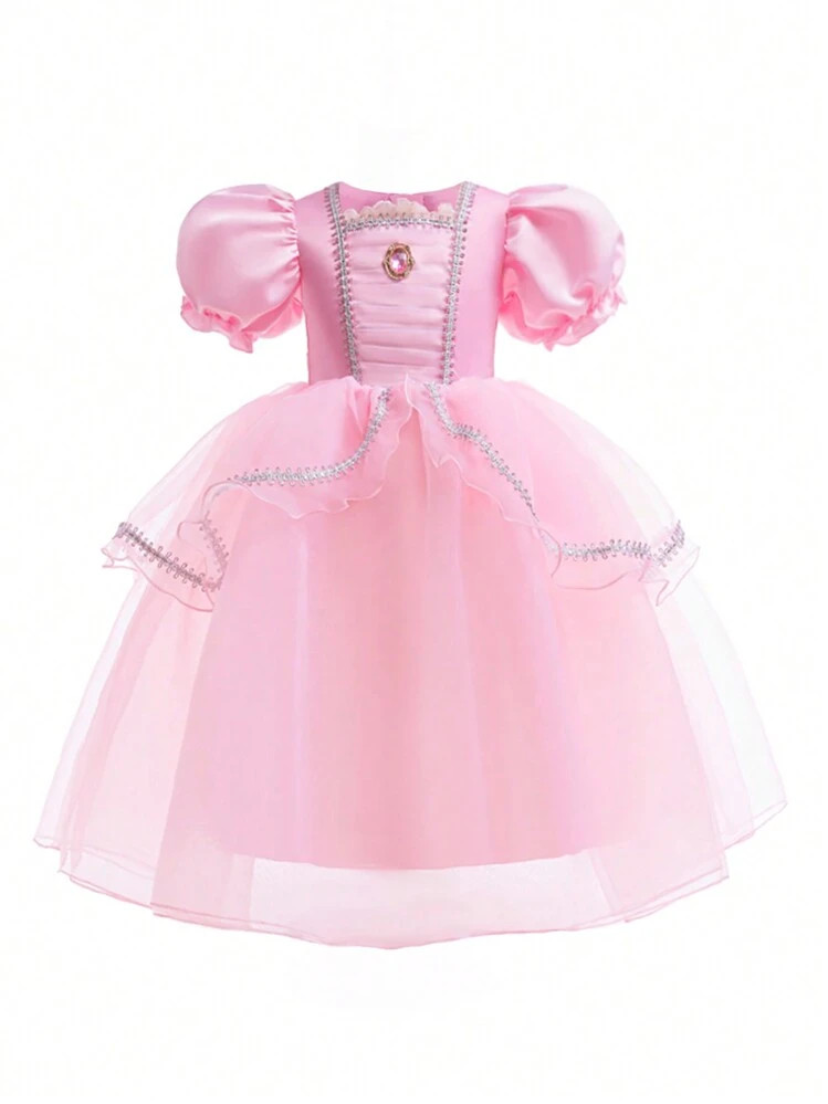 Young Girls' Pink Puff Sleeve Elegant Organza Princess Dress Suitable For Role Play Party | SHEIN