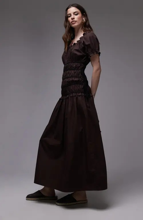 Topshop Shirred Bodice Maxi Dress in Bronze at Nordstrom, Size 8 Us | Nordstrom