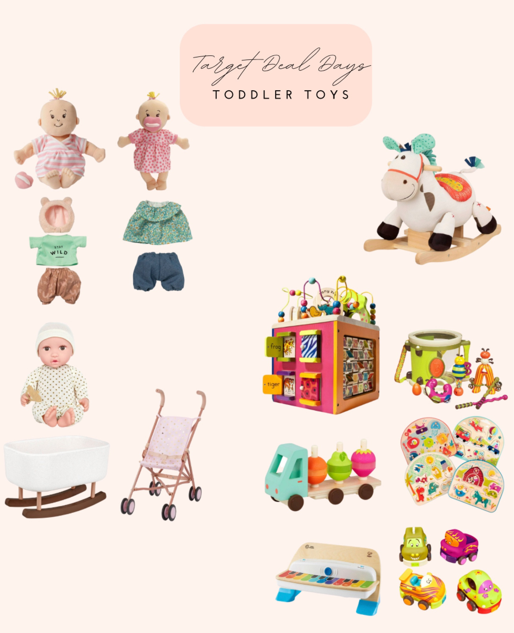 Target deal days toys for toddler. Toddler age girl and boy toys. Ideas for Christmas gifts for kids! Baby dolls, doll stroller, puzzles, wood toys, etc. 

#LTKkids #LTKsalealert #LTKHoliday