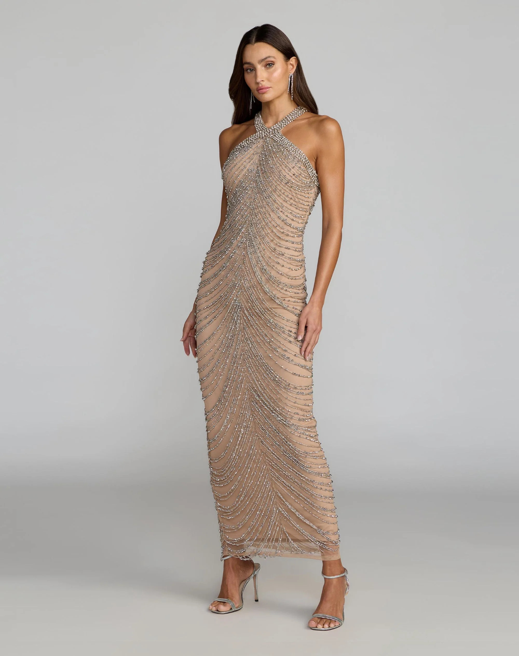 Beige Halter Neck Embellished Maxi Dress | Mac Duggal | Mac Duggal