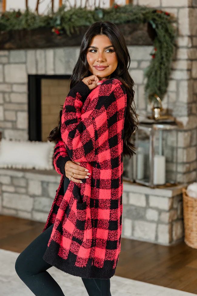 Most Wonderful Time Fuzzy Red and Black Buffalo Plaid Cardigan | Pink Lily