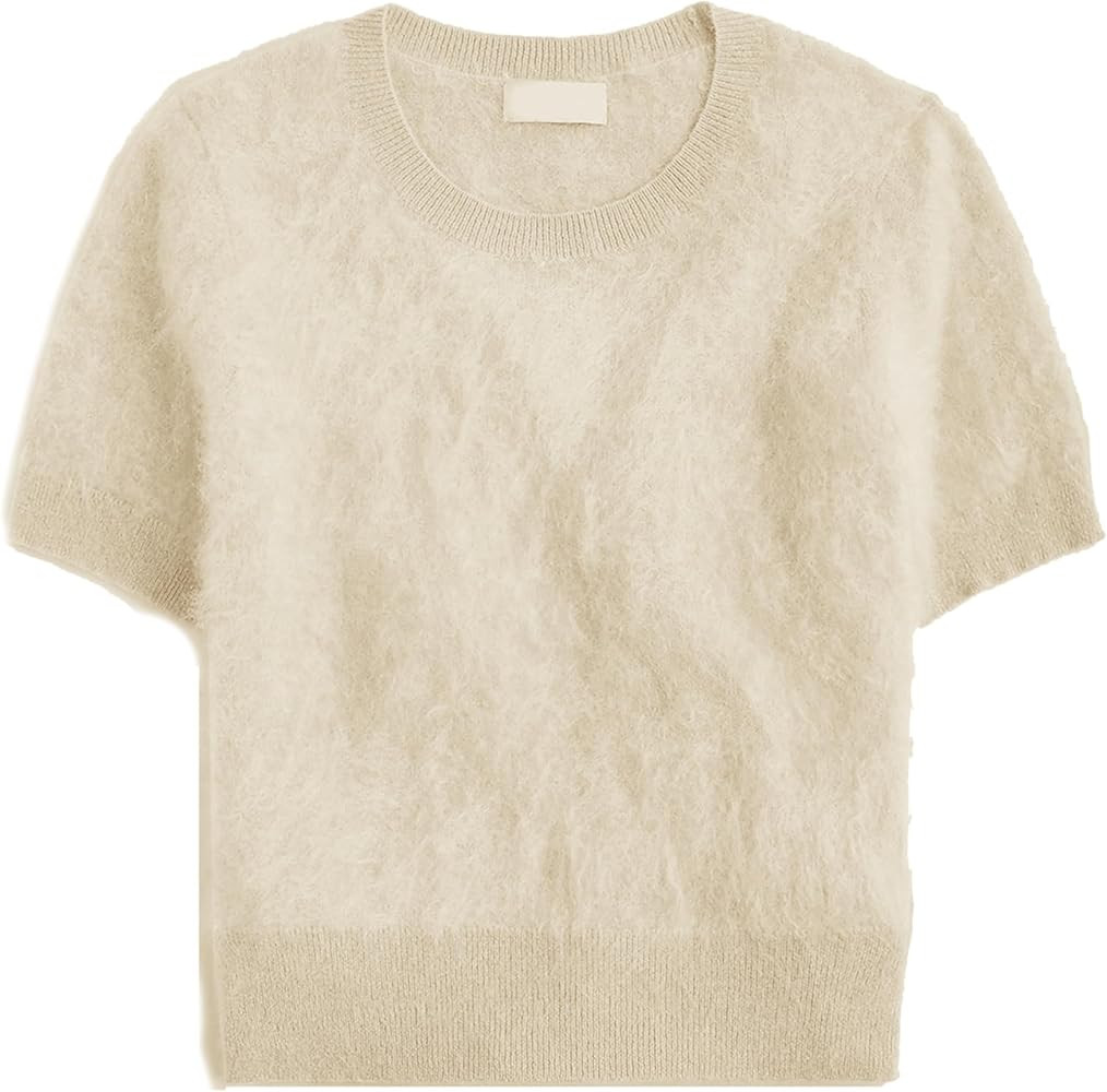 Women's Furry Cropped Sweater Short Sleeve Soft Fuzzy Sweater T Shirt Loose Casual Knit Pullover | Amazon (US)