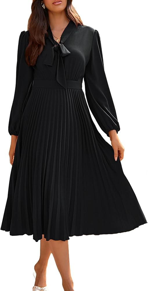 GRACE KARIN Womens 2024 Fall Long Sleeve Dress Casual V Neck Pleated A Line Flowy Midi Dresses | Amazon (US)