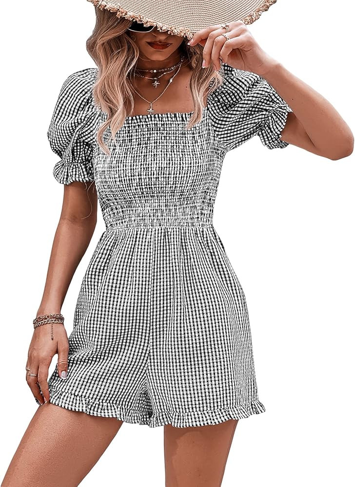 WDIRARA Women's Plaid Flounce Short Sleeve Square Neck Shirred Gingham Romper | Amazon (US)