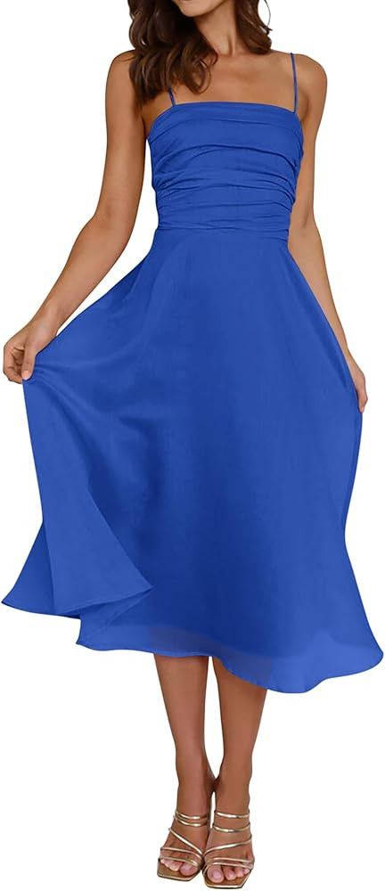 PRETTYGARDEN Womens Summer Dresses 2025 Spaghetti Strap Sleeveless Smocked Flowy Midi Wedding Gue... | Amazon (US)