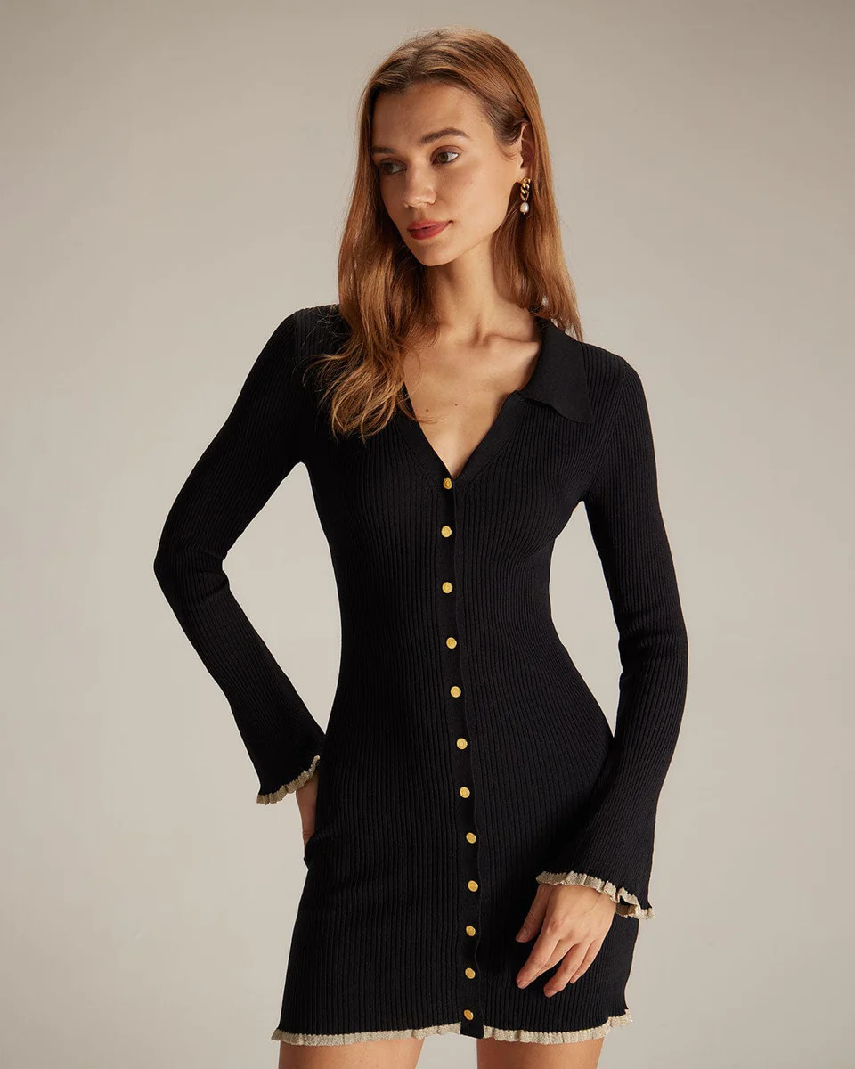 The Black V Neck Contrast Trim Knit Mini Dress | rihoas.com