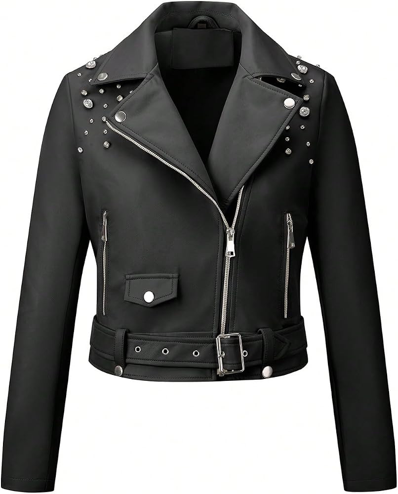 Giolshon Women's Faux Leather Studded Jacket Moto Biker Short Rhinestones Fall PU Long Sleeve Ope... | Amazon (US)