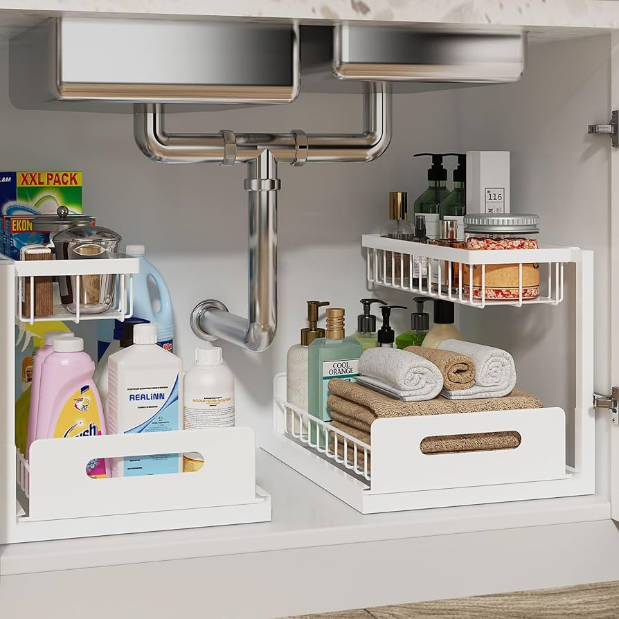REALINN Under Sink Organizer, Pull Out Cabinet Organizer, 2 Tier Metal Slide Out Shelf with L Sha... | Amazon (US)